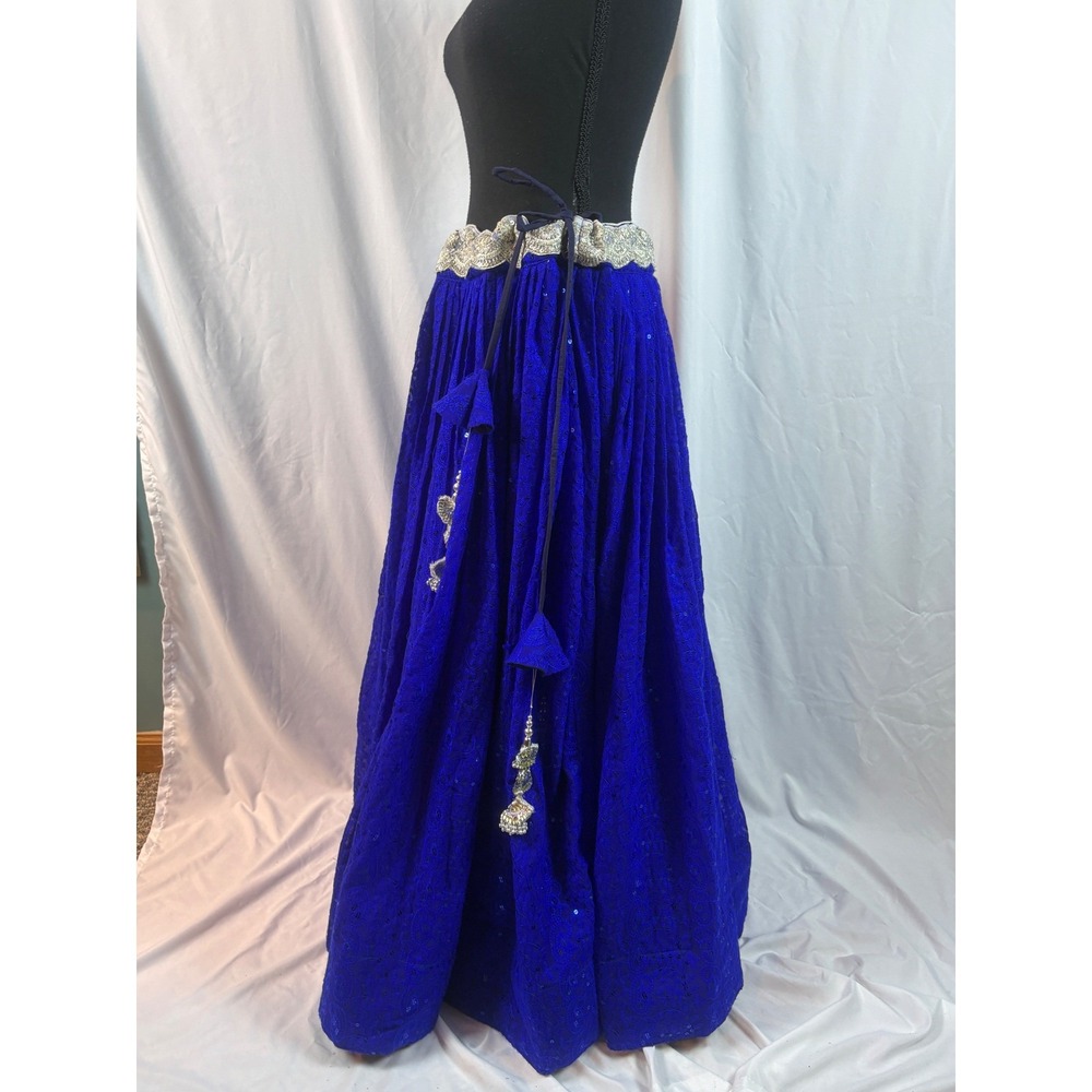 Royal Blue Chikankari Sequin Lehenga Skirt Silver Scalloped Waist Latkan Tassels - Picture 6 of 10